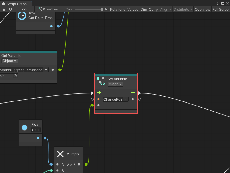 A Graph window, with a Set Variable node selected and framed in the Graph Editor